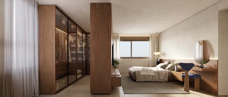 Imagem ilustrativa: suíte com closet de vidro e cama