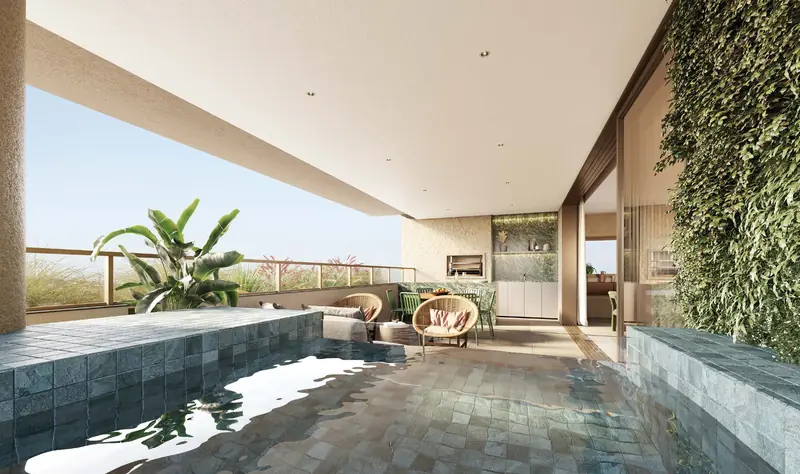 Imagem ilustrativa: varanda com piscina, poltronas de palha, mesa de jantar e bancada gourmet ao fundo