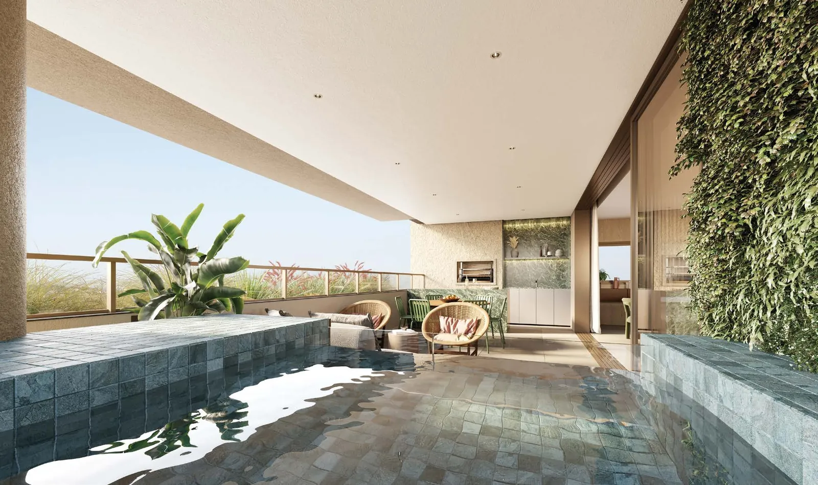 Imagem ilustrativa: varanda com piscina, poltronas de palha, mesa de jantar e bancada gourmet ao fundo